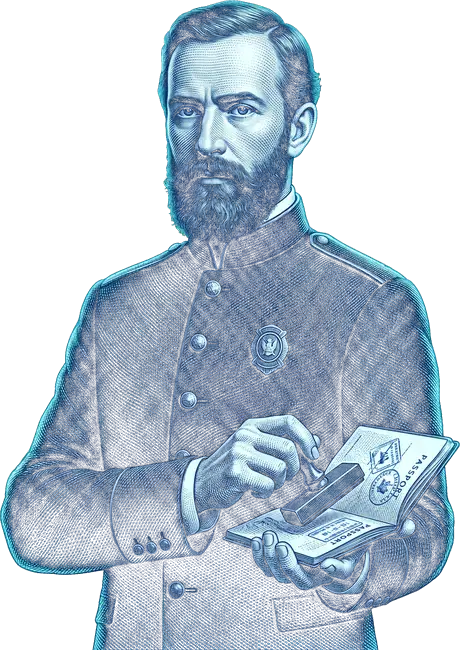 Aro Media compliance inspector stamping a passport, banknote-engraving style