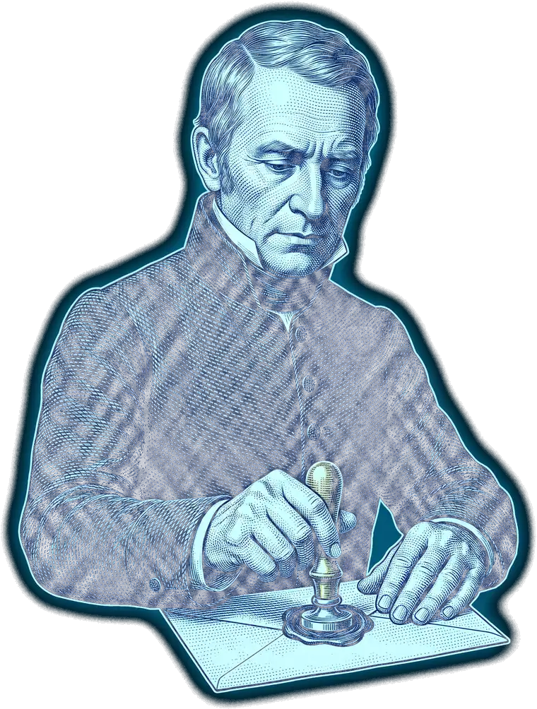 Aro Media notary clerk pressing a wax seal onto a .nota envelope, banknote-engraving style