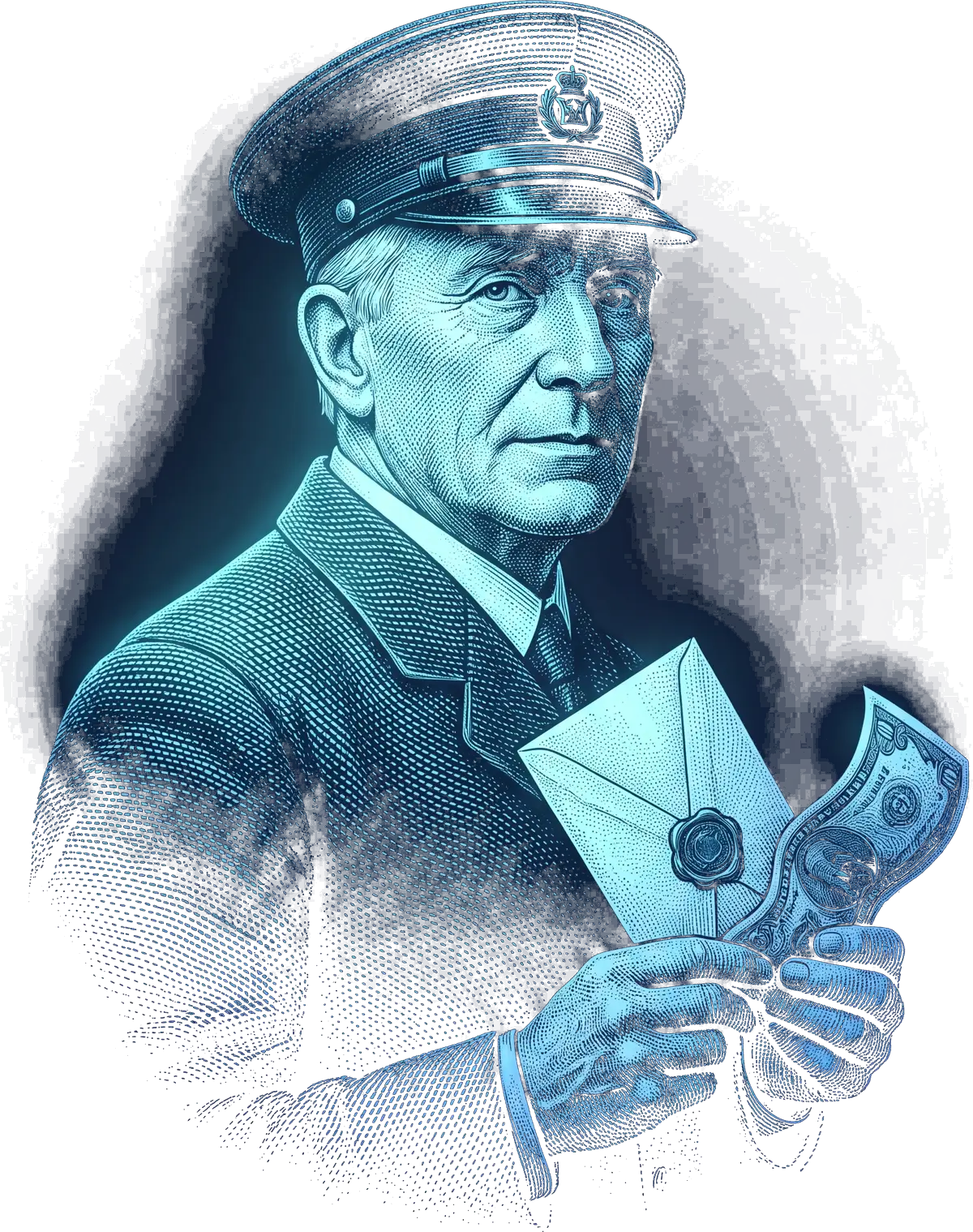 Aro Media postmaster holding a sealed .nota envelope, banknote-engraving style